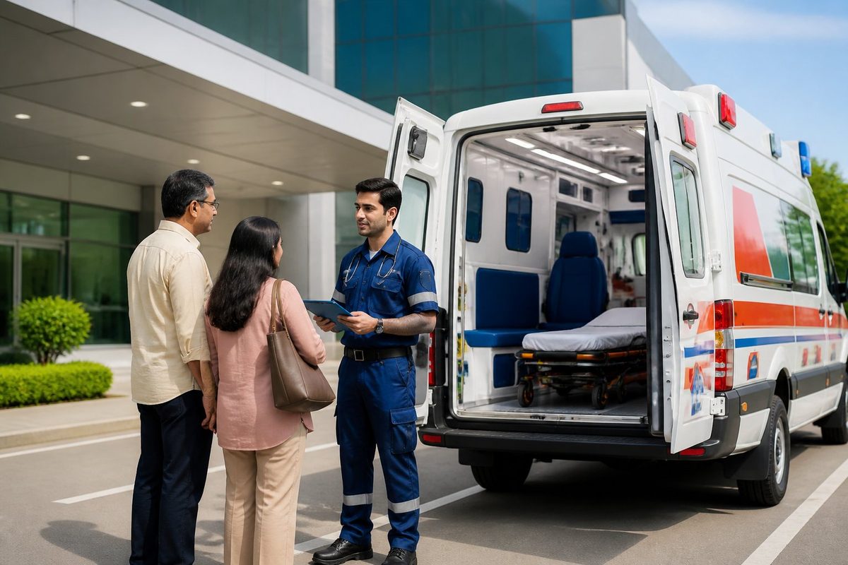 Ambulância moderna estacionada na entrada de um hospital com um profissional de saúde conversando com um paciente.