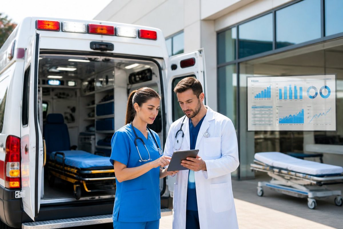 Ambulância estacionada em frente a um hospital com profissionais de saúde discutindo informações em um tablet.