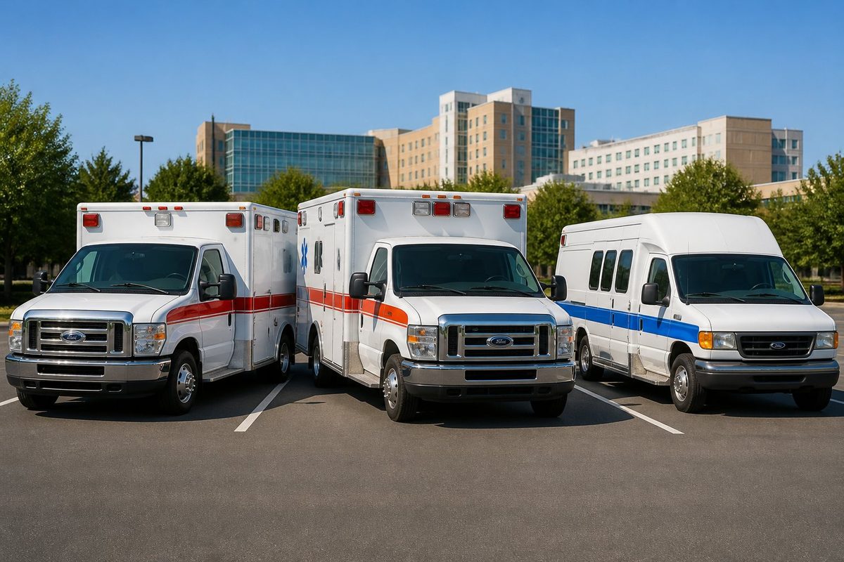 Três tipos diferentes de ambulâncias estacionadas lado a lado em um ambiente externo, mostrando as opções disponíveis para aluguel.