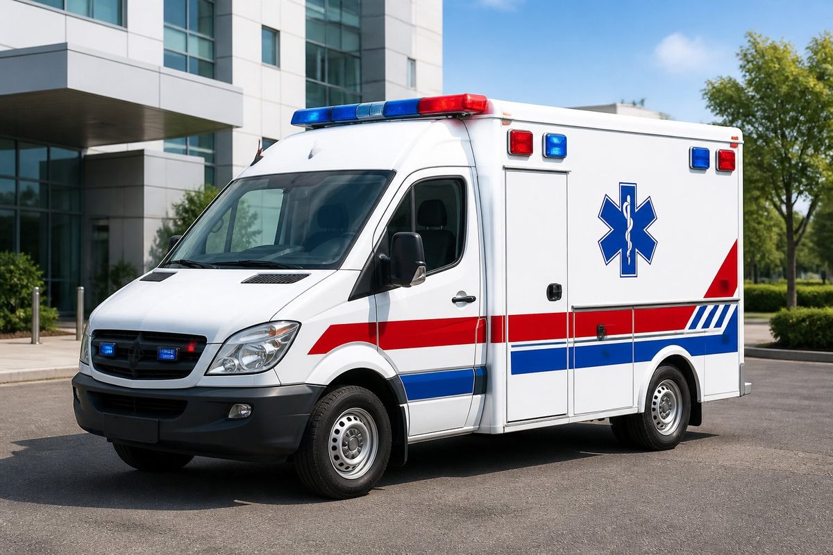 Ambulância básica de suporte à vida estacionada em ambiente externo, com sinais de emergência e símbolos médicos visíveis.