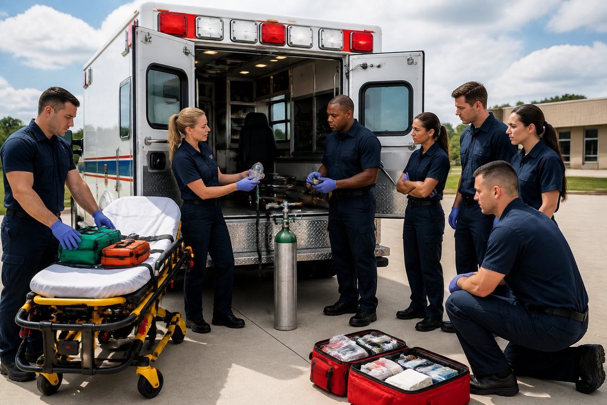Equipe de profissionais de saúde treinando com uma ambulância básica ao ar livre.