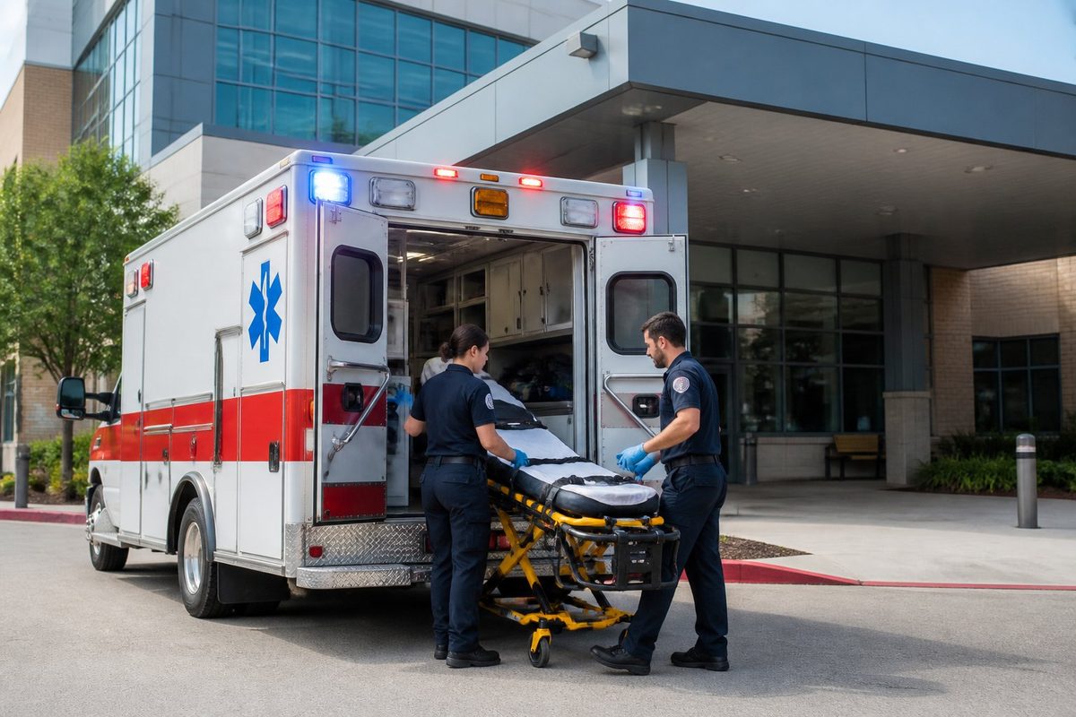 Ambulância estacionada em frente à entrada de emergência de um hospital com paramédicos ao redor, durante o dia.