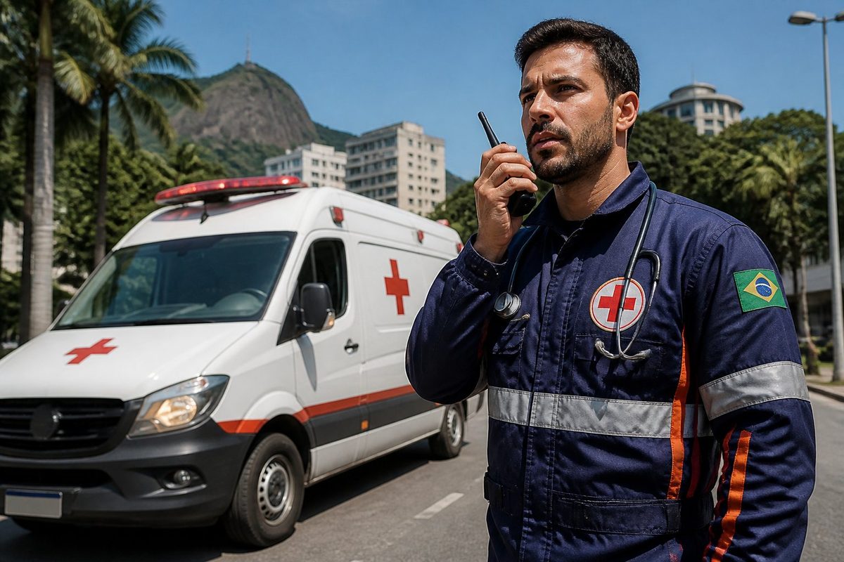 Ambulância brasileira estacionada na rua com um paramédico uniformizado segurando um rádio, pronto para atendimento.