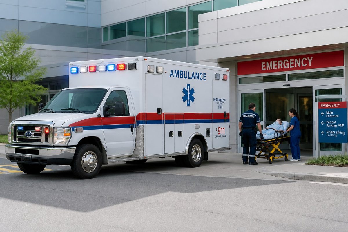 Ambulância tipo A estacionada em frente a um hospital moderno com profissionais de saúde próximos, preparando equipamentos para atendimento. Ambulância tipo A estacionada em frente a um hospital moderno com profissionais de saúde próximos, preparando equipamentos para atendimento.