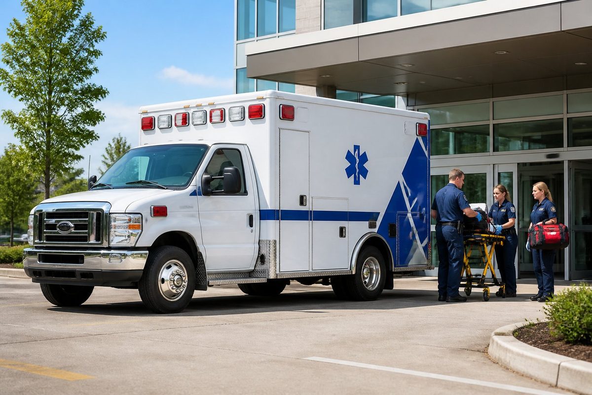 Ambulância do tipo A estacionada em frente a um hospital moderno com profissionais de saúde ao redor. Ambulância do tipo A estacionada em frente a um hospital moderno com profissionais de saúde ao redor.