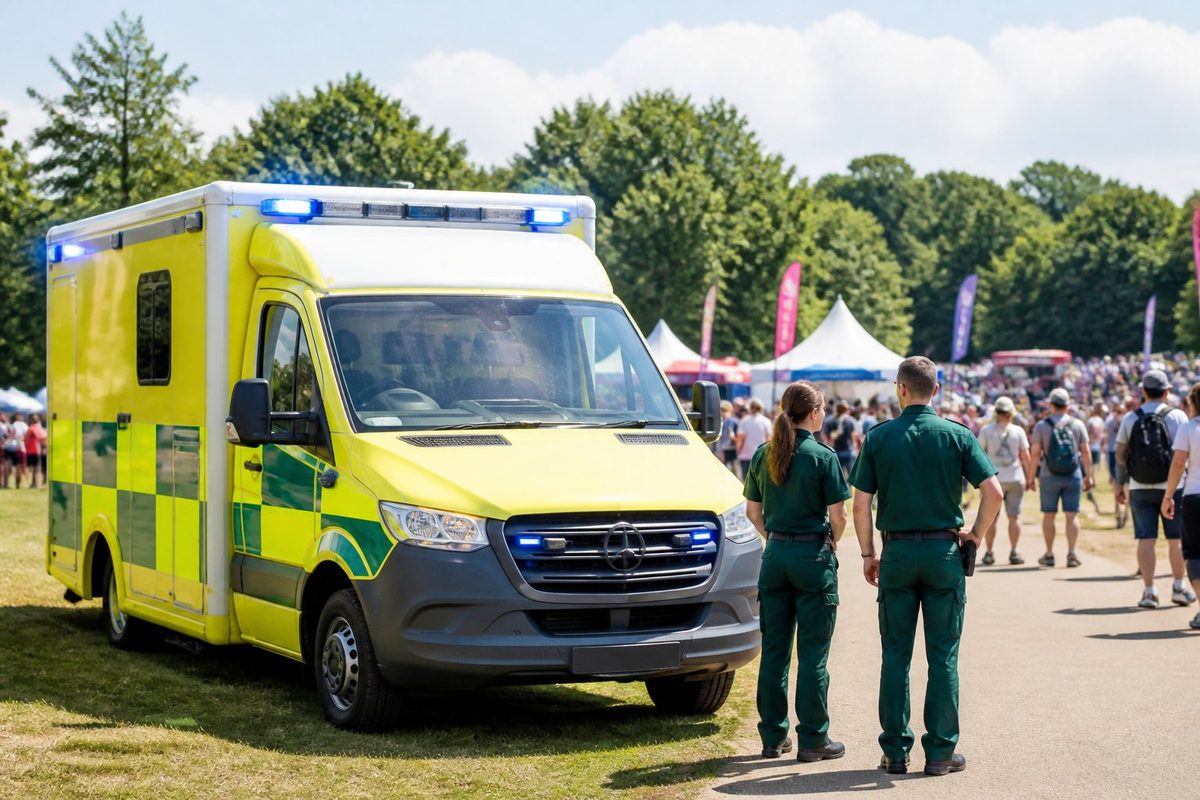 Ambulância moderna estacionada em um evento ao ar livre com pessoas e tendas ao fundo, com profissionais de saúde próximos.