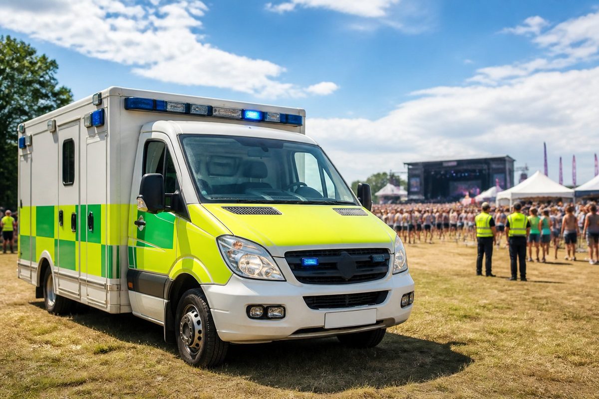 Ambulância estacionada em um evento ao ar livre com pessoas e estruturas de evento ao fundo.