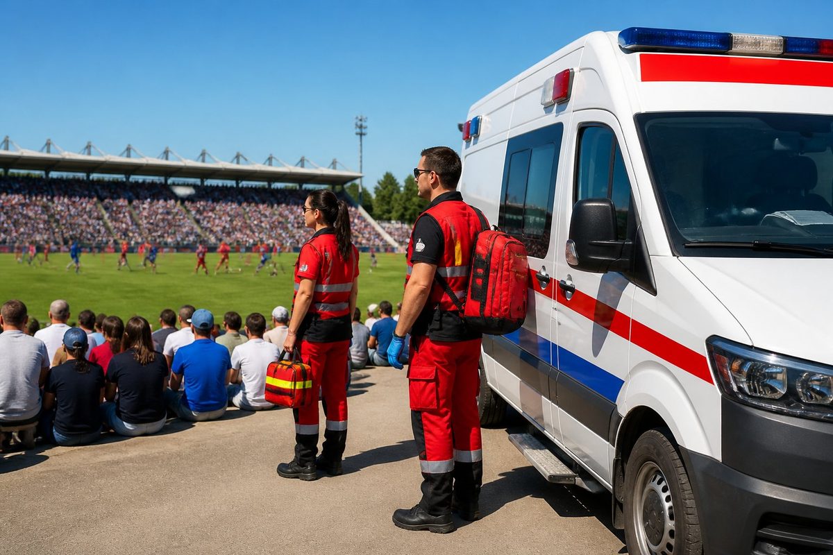 Ambulância estacionada próxima a um evento esportivo ao ar livre, com equipe médica pronta e pessoas assistindo a uma partida no campo.
