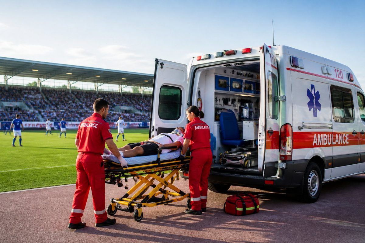 Ambulância estacionada próxima a um evento esportivo com profissionais de saúde atendendo um atleta em uma maca.