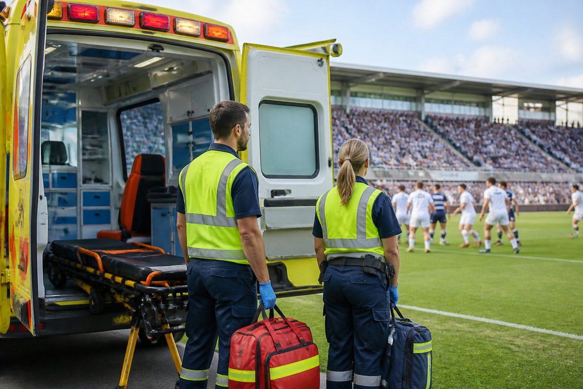 Ambulância estacionada em evento esportivo ao ar livre com profissionais de saúde em uniforme prontos para atendimento.