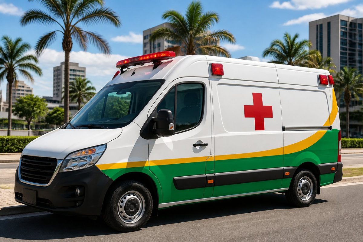 Uma ambulância brasileira branca com faixas verdes e amarelas estacionada em uma rua urbana ensolarada, com árvores e prédios ao fundo.
