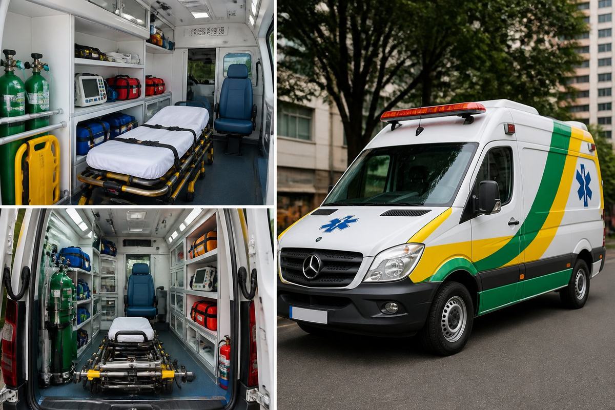 Interior e exterior de uma ambulância brasileira com equipamentos médicos essenciais organizados e a estrutura da ambulância em um ambiente urbano.