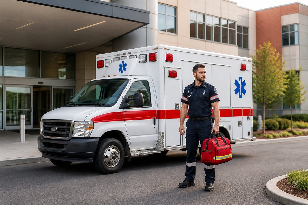 Ambulância estacionada em frente a um hospital com um paramédico ao lado, pronto para atendimento.