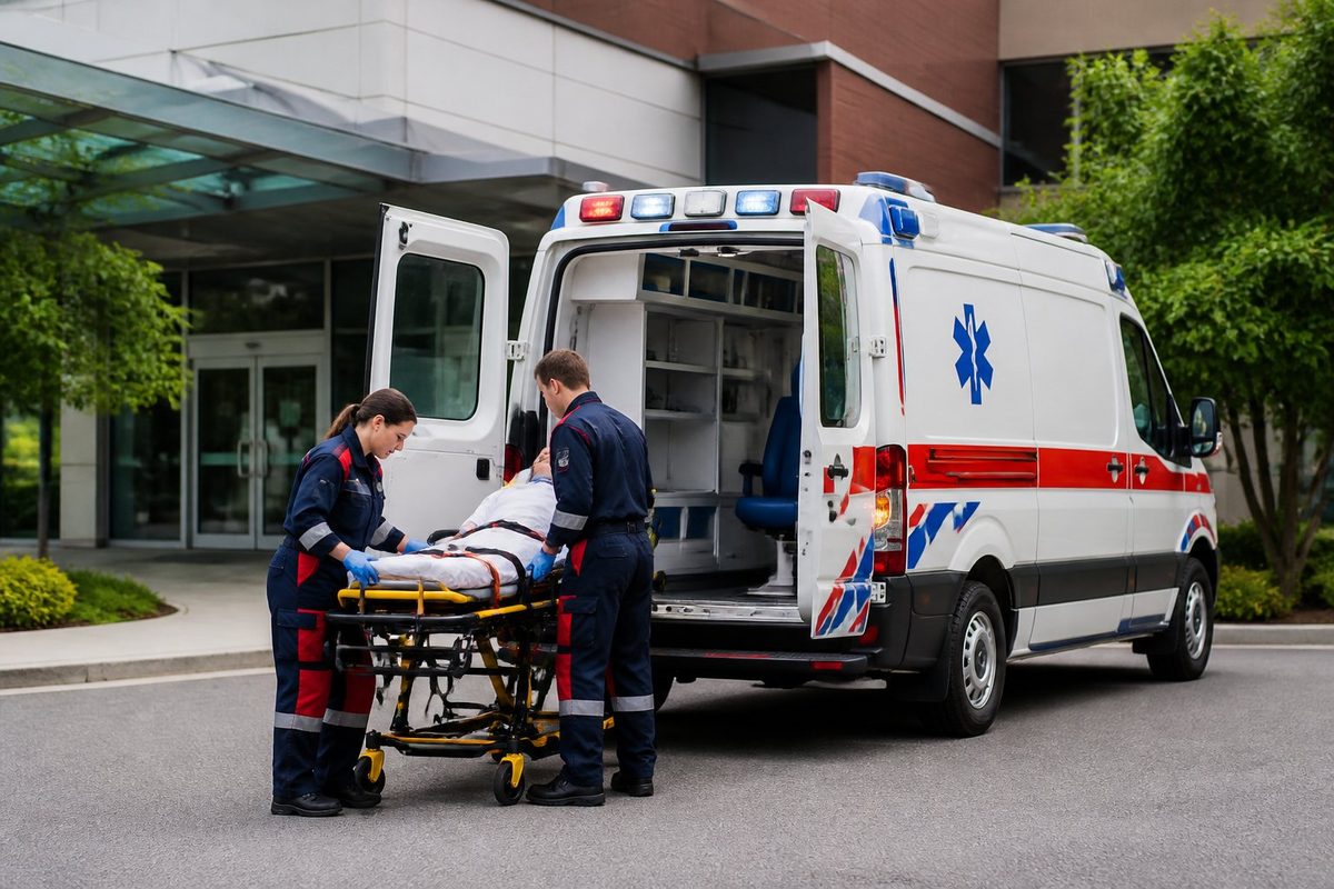 Ambulância moderna estacionada na entrada de um hospital com paramédicos ao redor, preparando equipamentos médicos.