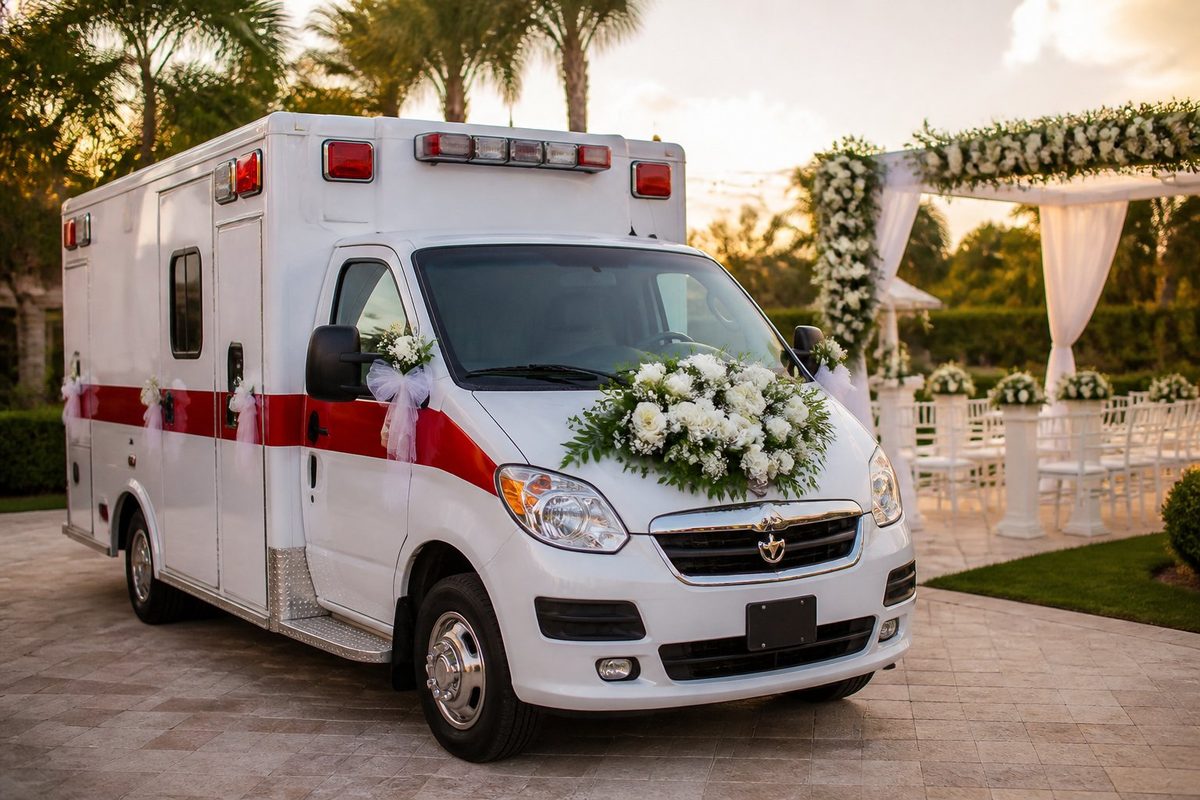 Ambulância branca decorada com flores e laços em frente a um local de casamento.