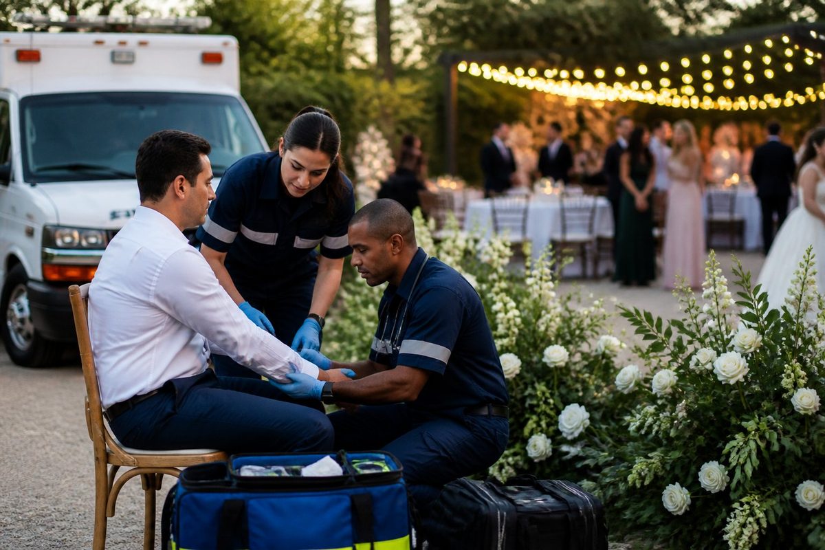 Paramédicos atendem calmamente um convidado sentado durante uma recepção de casamento, com uma ambulância estacionada ao fundo.