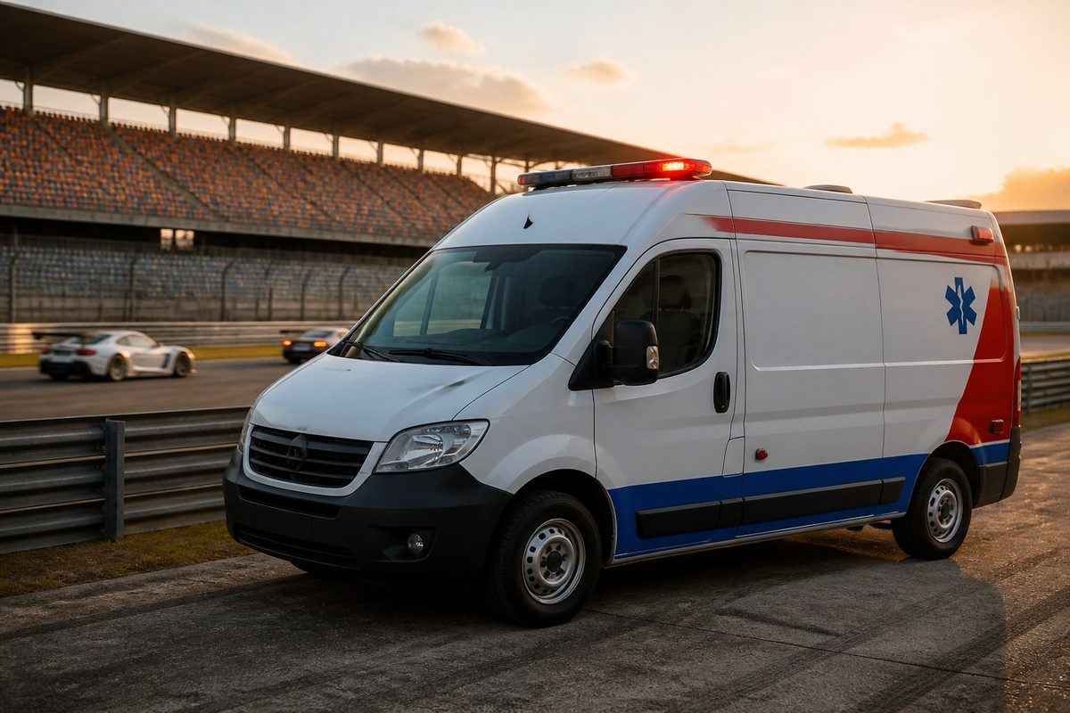 Ambulância estacionada ao lado de uma pista de corrida, com carros esportivos ao fundo.