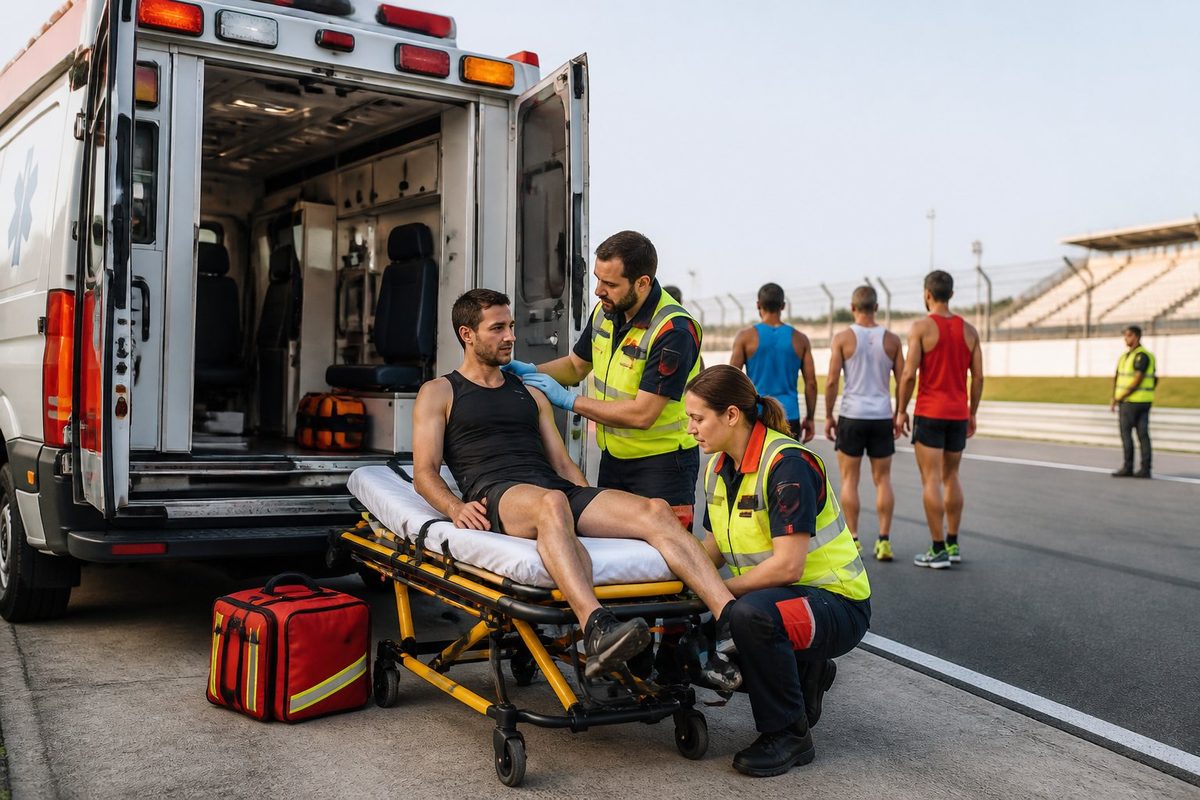 Paramédicos atendem um corredor em uma maca ao lado de uma ambulância, perto de uma pista de corrida.