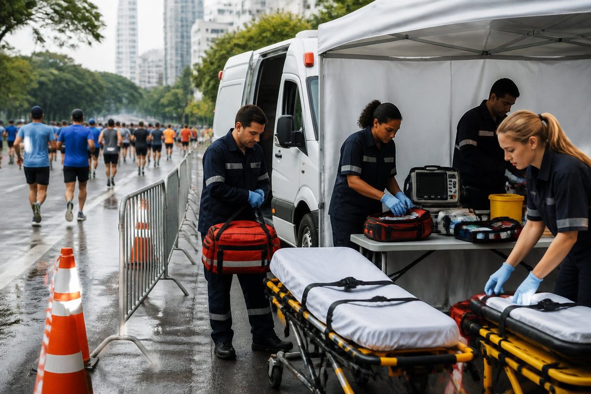 Ambulância e equipe médica preparando equipamentos de atendimento ao lado de uma corrida de rua.