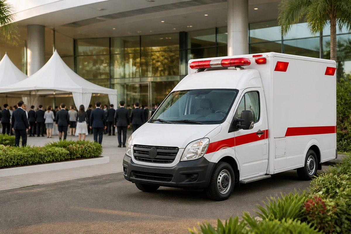 Ambulância estacionada na entrada de um centro de convenções durante um evento corporativo.