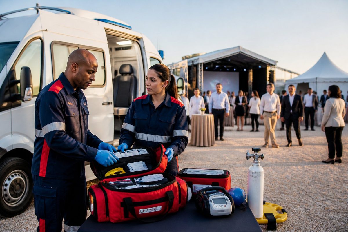 Equipe de suporte médico ao lado de uma ambulância em um evento corporativo.