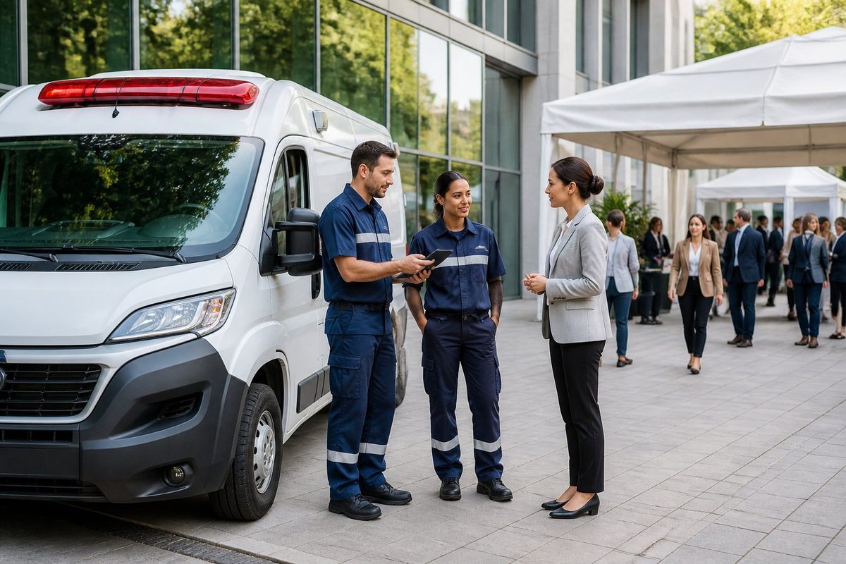 Ambulância posicionada em um evento corporativo enquanto profissionais de emergência conversam com uma organizadora.