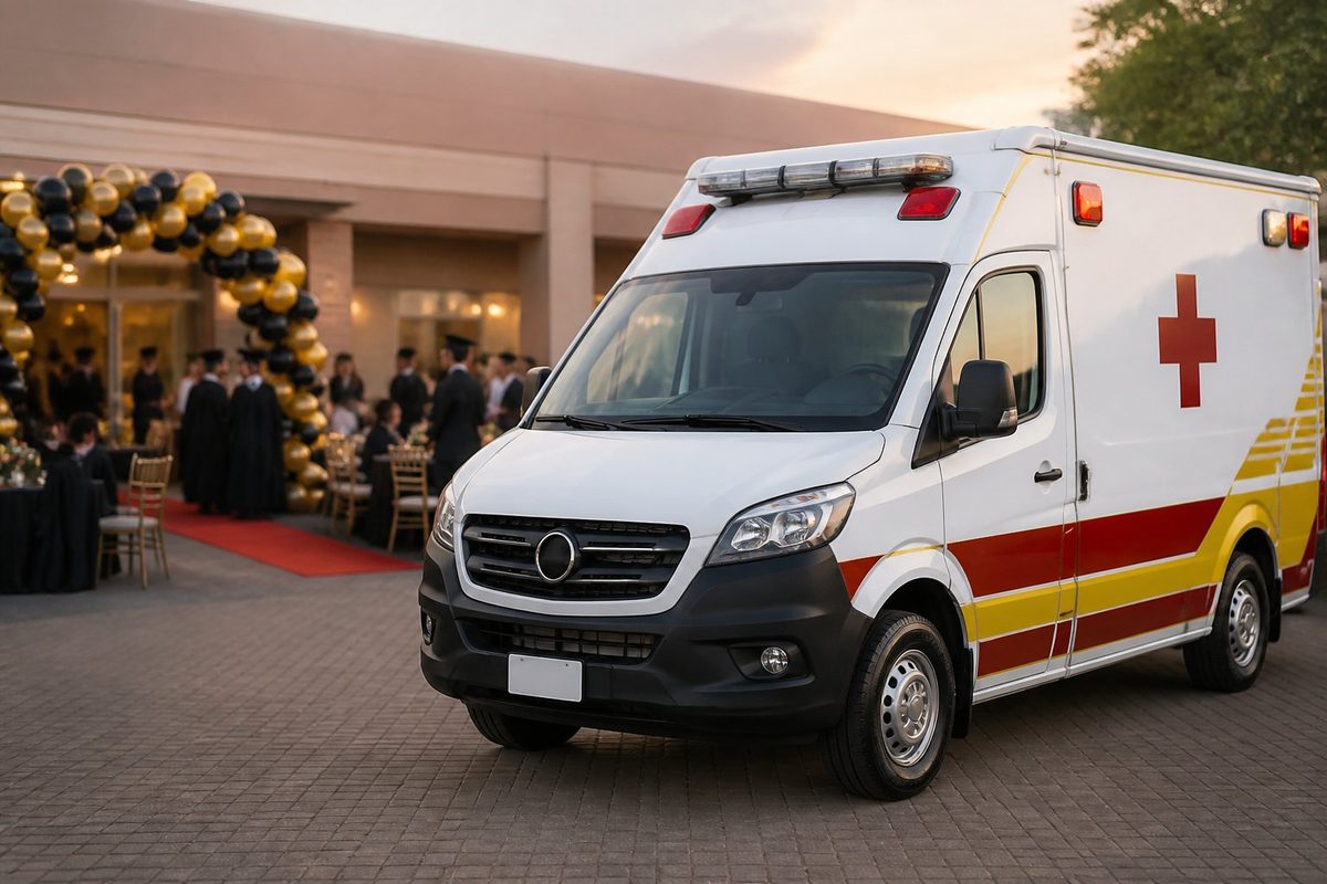Ambulância estacionada em uma área externa decorada para um evento de formatura.
