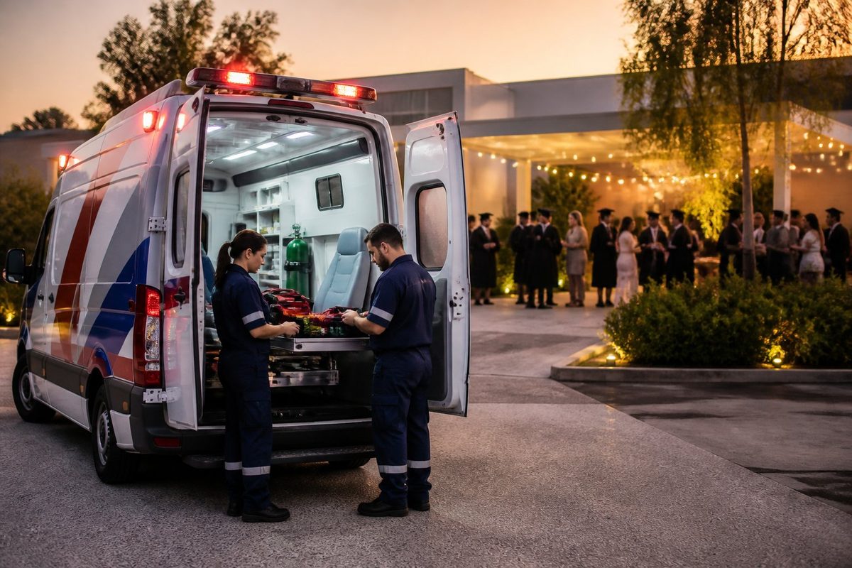 Ambulância e equipe médica posicionadas perto de uma cerimônia de formatura.