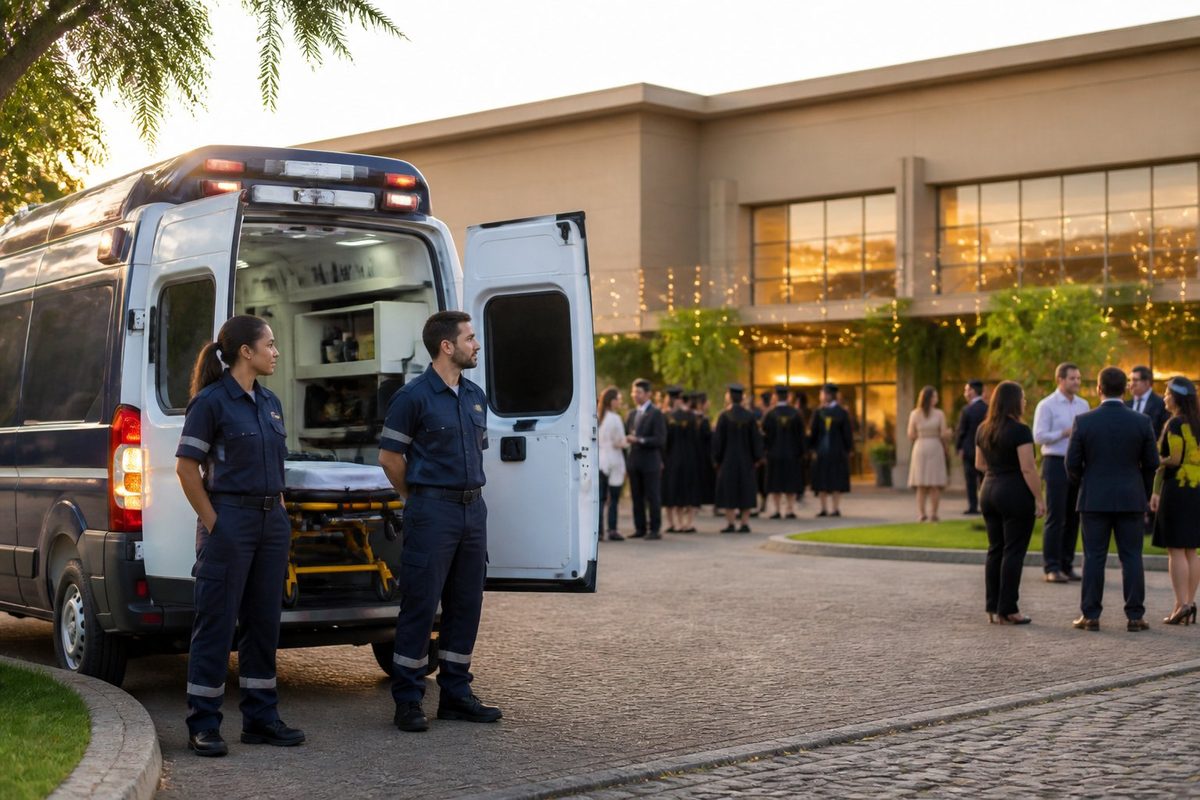 Ambulância com equipe de atendimento próxima a uma cerimônia de formatura.
