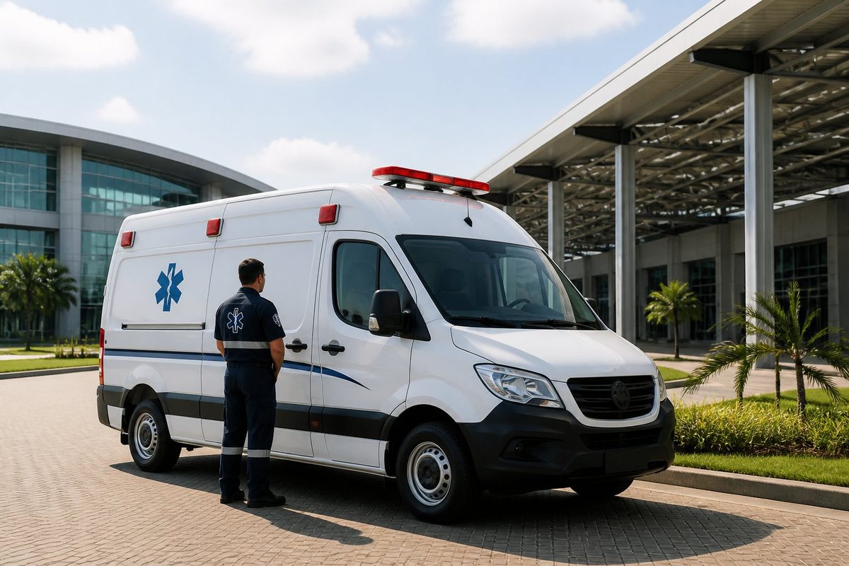 Ambulância estacionada diante de um centro de eventos amplo e moderno.