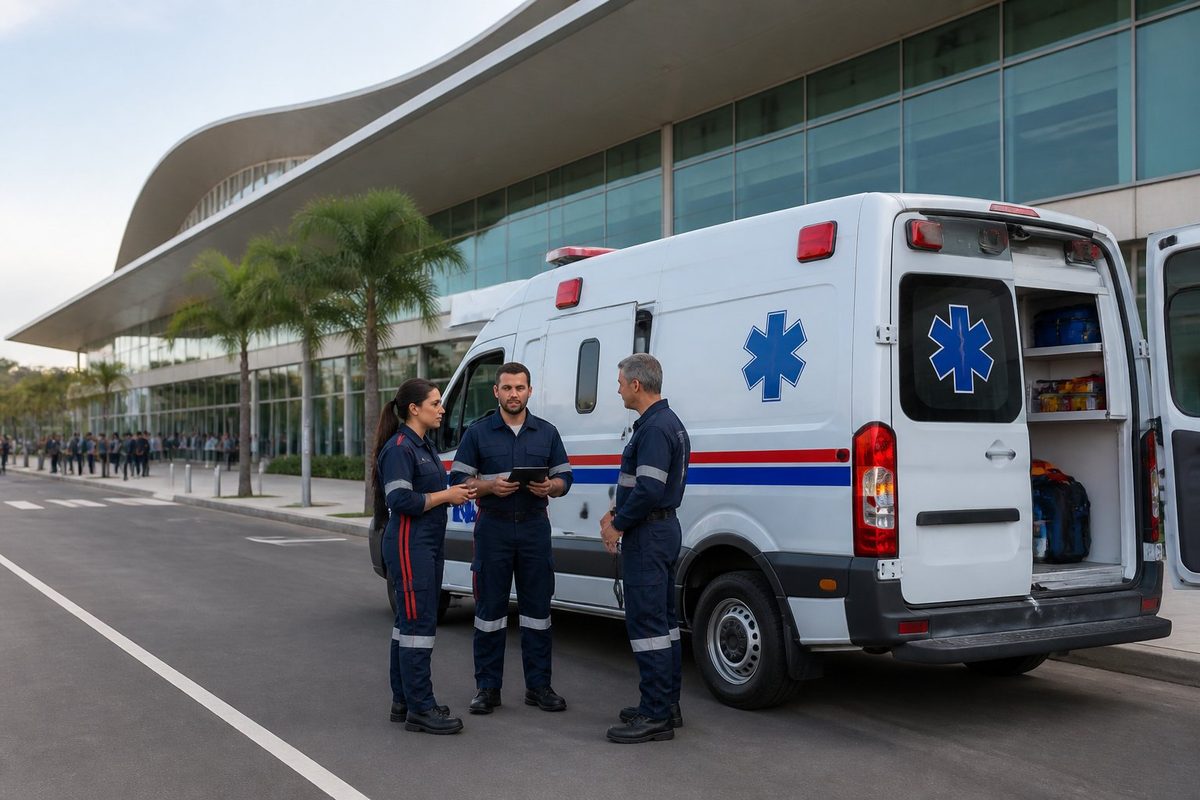 Ambulância estacionada em um centro de eventos, com paramédicos realizando uma inspeção preventiva.