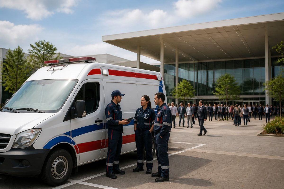 Ambulância estacionada diante de um centro de convenções, com equipe médica realizando uma inspeção preventiva.
