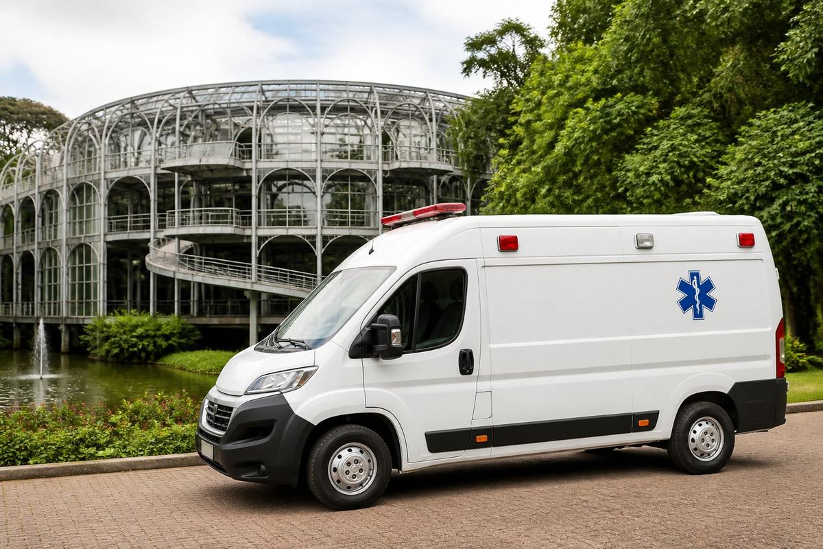Ambulância estacionada diante da Ópera de Arame, cercada por vegetação e paisagismo.