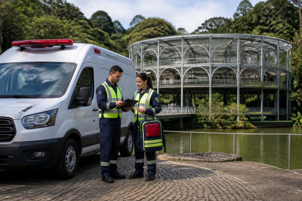 Ambulância e equipe de atendimento pré-hospitalar posicionadas diante da Ópera de Arame.