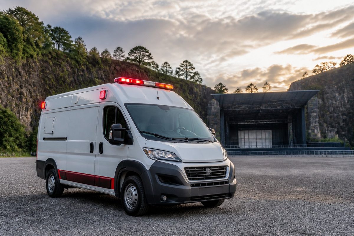Ambulância estacionada na área externa da Pedreira Paulo Leminski, cercada por paredões de pedra e vegetação.