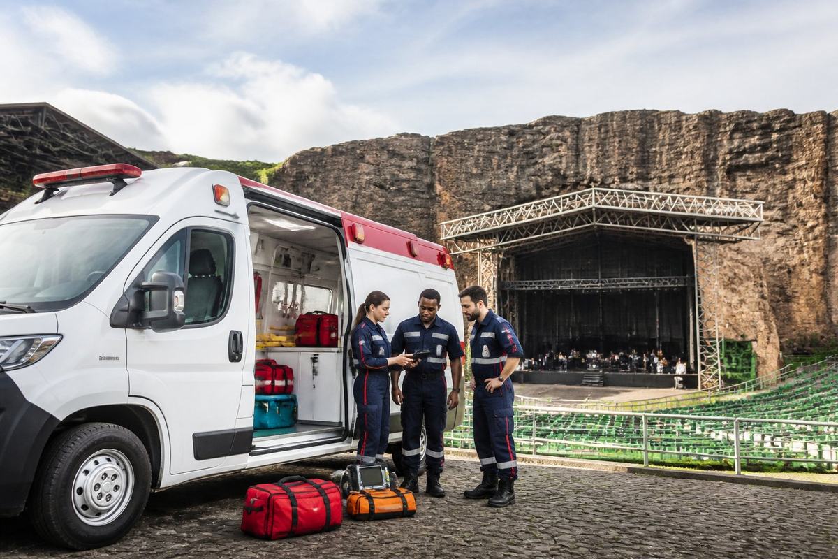 Ambulância e equipe médica preparada na área externa da Pedreira Paulo Leminski antes de um evento.