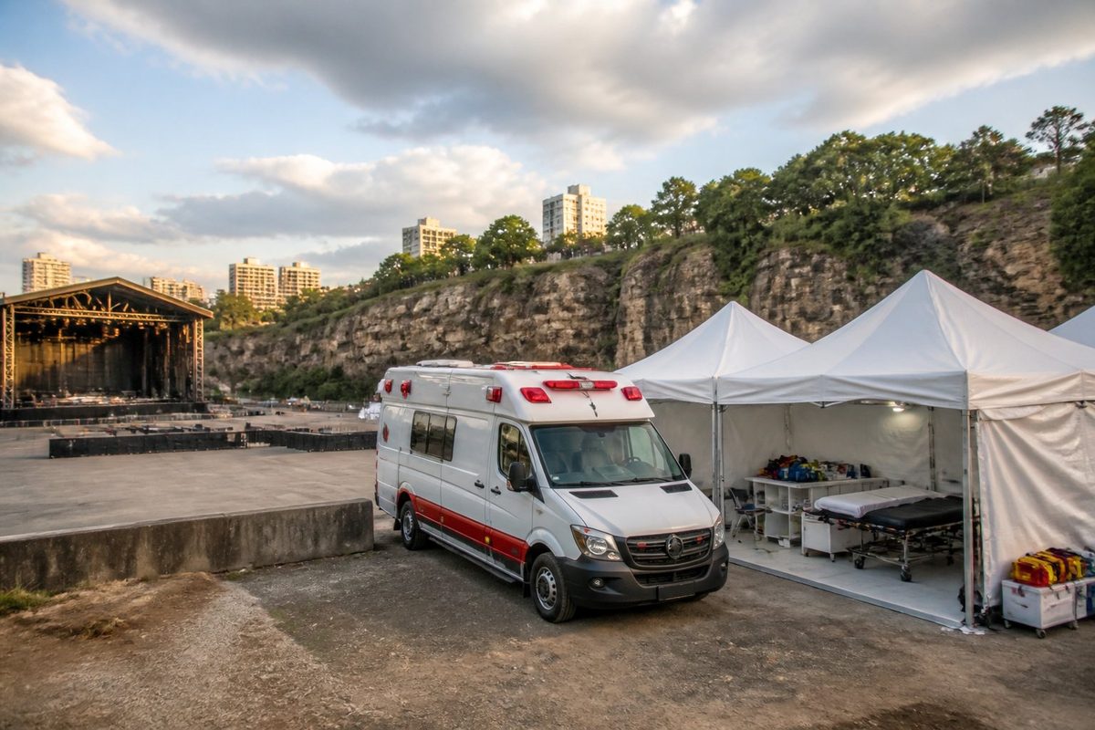 Ambulância ao lado de um posto médico temporário preparado para um show na Pedreira Paulo Leminski.