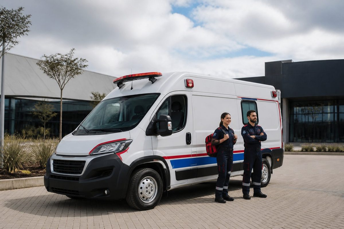 Ambulância estacionada em uma área externa de um centro de eventos, com profissionais de atendimento ao lado.