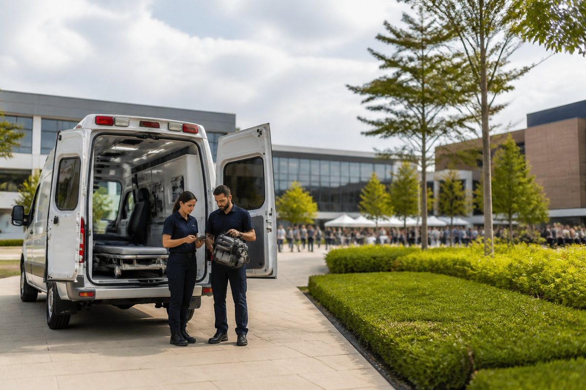 Ambulância estacionada em um campus, com profissionais de emergência verificando equipamentos durante um evento.