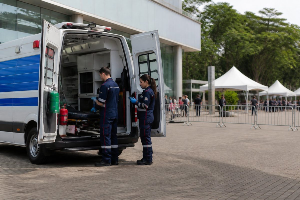 Ambulância com paramédicos preparada para atender um evento no campus da Universidade Positivo.