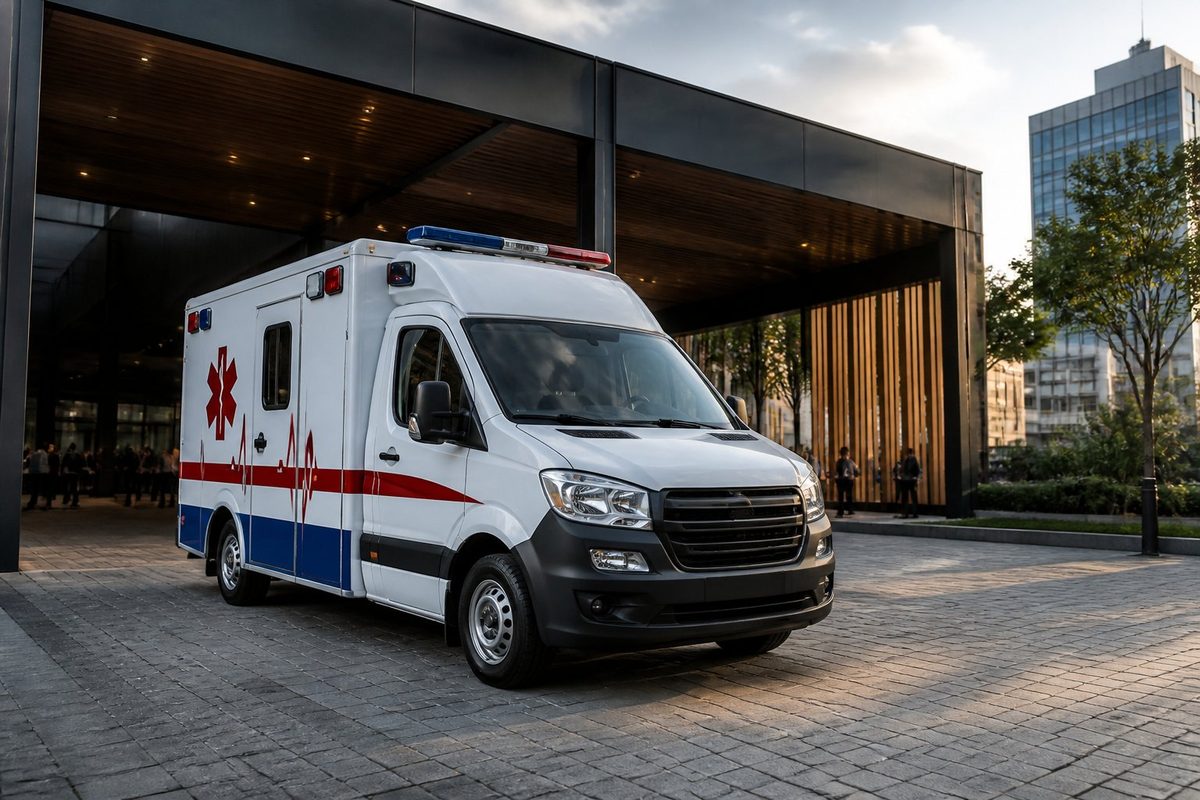 Ambulância moderna estacionada em frente a um espaço de eventos.