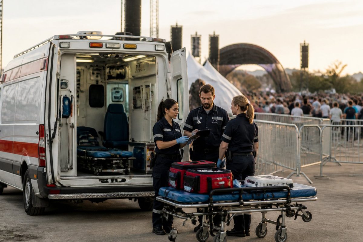Ambulância e equipe de profissionais de saúde preparados para prestar atendimento em um evento.