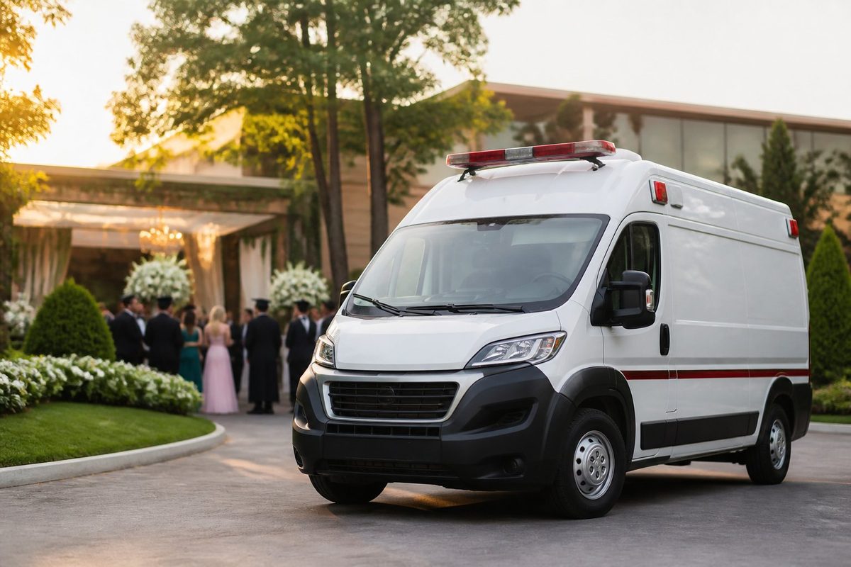 Ambulância estacionada na entrada de um espaço elegante para uma celebração de casamento e formatura.