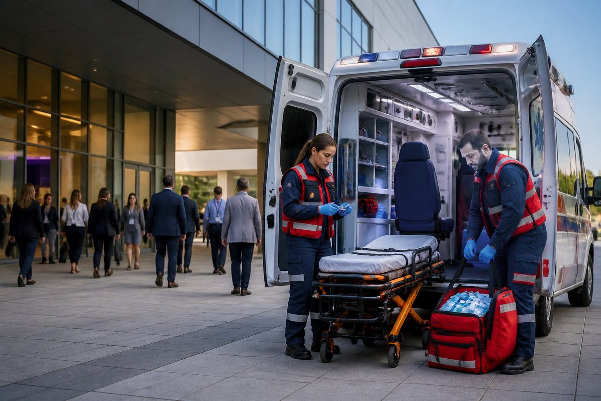 Ambulância e paramédicos preparados para atender um evento corporativo.