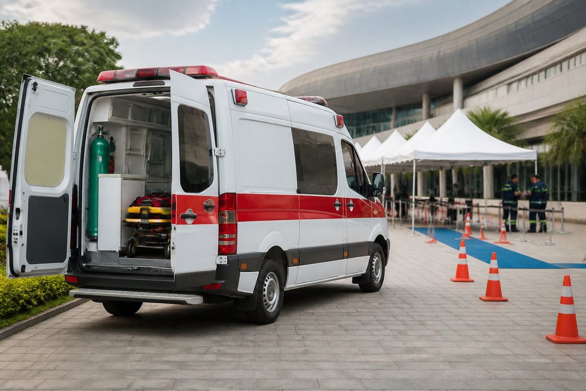 Ambulância estacionada na entrada de um evento, pronta para oferecer atendimento médico.