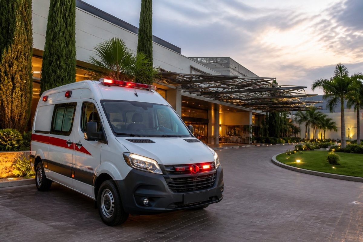 Ambulância estacionada diante de um espaço sofisticado para eventos.
