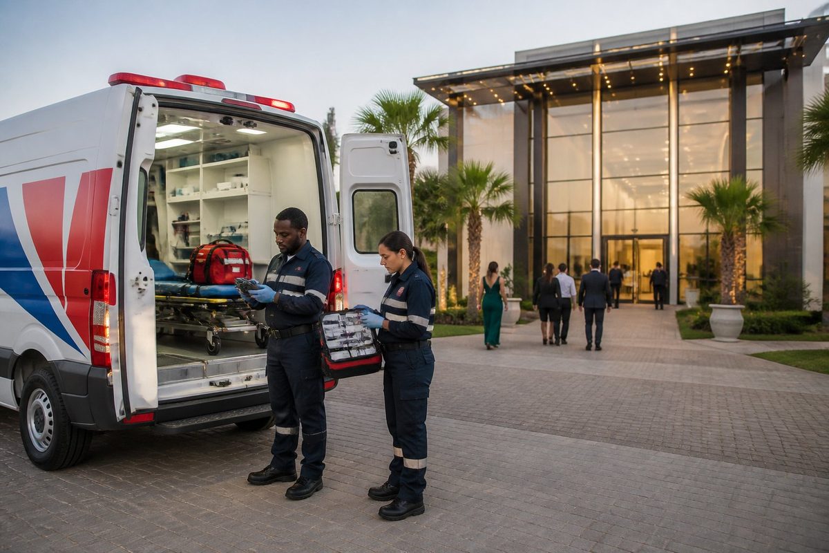 Ambulância com profissionais de emergência em frente a um espaço elegante para eventos.