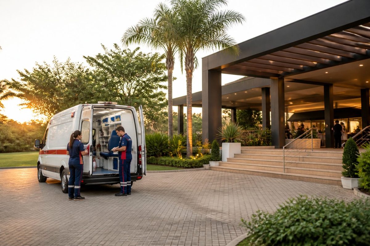 Ambulância estacionada na área externa de um espaço sofisticado para eventos, com profissionais realizando uma verificação preventiva.