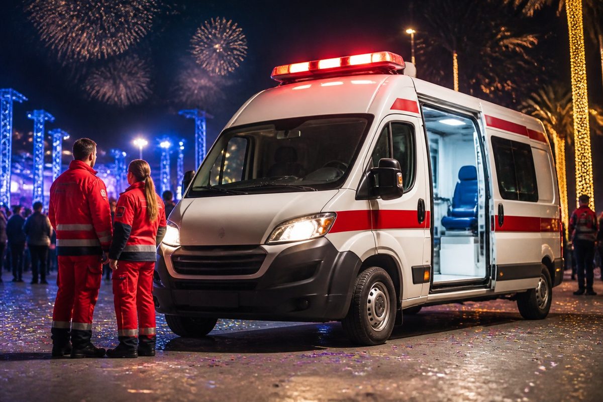 Ambulância acompanhada por profissionais de emergência em uma celebração noturna de virada de ano.