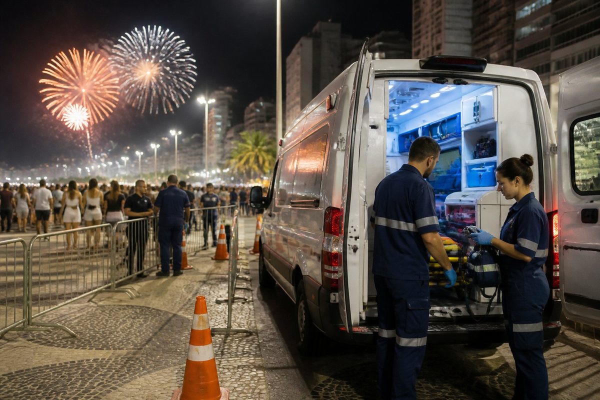 Ambulância com equipe médica em uma área organizada próxima a uma celebração de virada de ano.